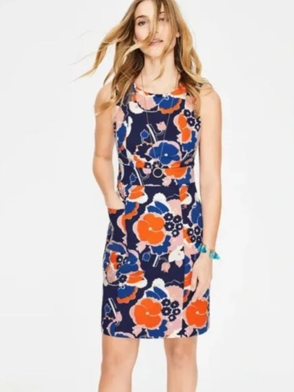 NEW Boden Plus 18L Textured Navy/Orange Floral Sleeveless Sheath Pockets Dress